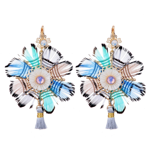 Personality design creative style handmade feather pendant stainless steel earrings European style Bohemian ethnic style earrings