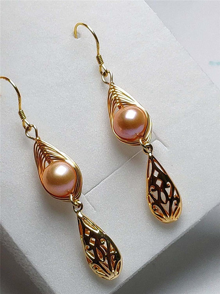 Vintage 14K Gold Natural Pink Pearl Baroque Lace Cutout Earrings