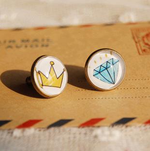 New 2014 Mismatch Crown and Blue Diamond Earrings Stud Bronzed Earrings Personalized Hip Hop Jewelry 12mm rd28