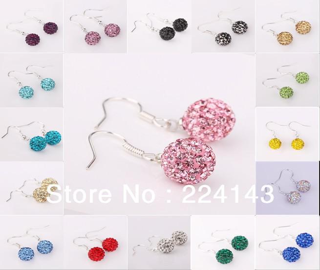 6pcs mixed color wholesale lovely girls's crystal earings 925 sterling silver 10mm Shamballa drop earings free shipping