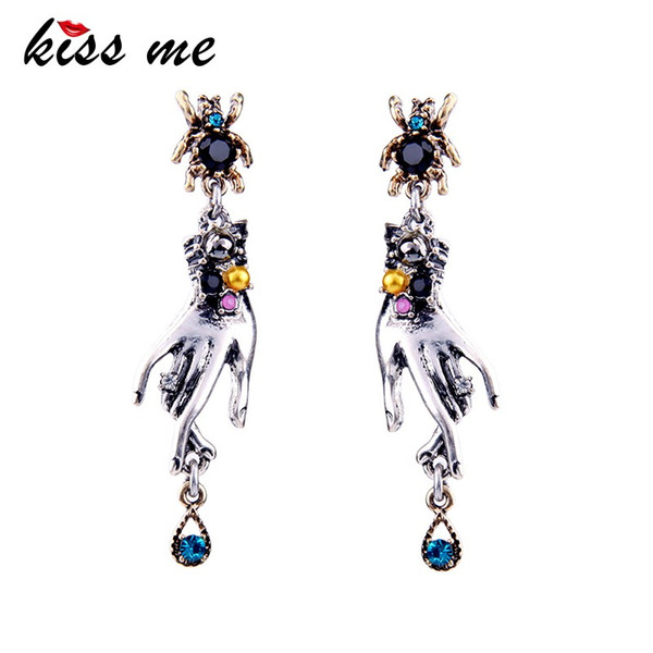 KISS ME Personalized Dangling Hands Spider Long Earrings Antique Silver Color Vintage Jewelry Women Bijoux