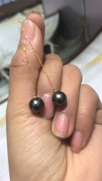 Vintage 18K Gold Natural Tahitian Sea Pearls Balck 9mm Long Drop Earrings Drop Earrings Jewelry Wedding Earrings