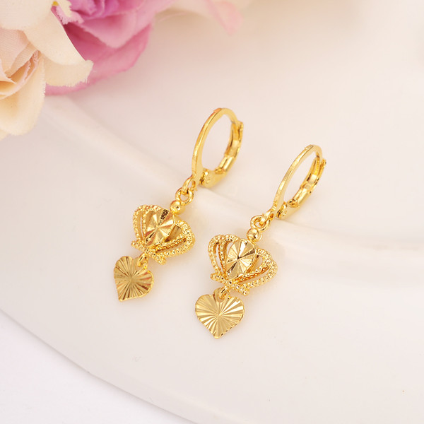 2 pairs Gold Heart drop crown Earrings Women/Girl,Love Trendy fashion Jewelry for African/Arab/Middle Eastern kids childrengift