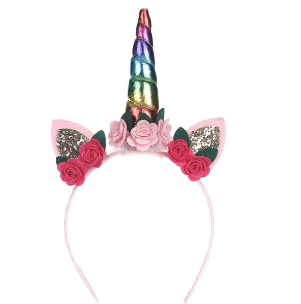 Colorful Rose Flower Glitter Princess Hair Hoop Headband Women Girl Headwear Cute Rainbow Unicorn Horn Hairband GA265