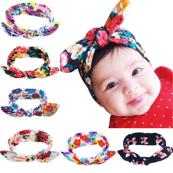 Flower Print Knot Ear Bowtie Baby Headband Hair Band Forehead Cuff Headwear Fashion Accessories for Baby Kids Gift Drop Shipping