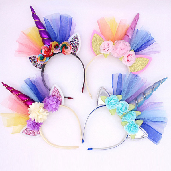 Unicorn Headband Chiffon Hairband Kids Party Flower Accessory Prop Cute Cosplay Crown DIY Colorful Hair Jewelry Wholesale