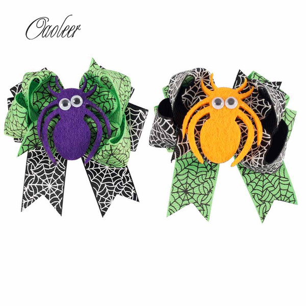 20pcs 3 .5inch Cute Halloween Hair Bow Black And Green Ribbon Spider Hairgrips Kids Hairpins Hair Accessories