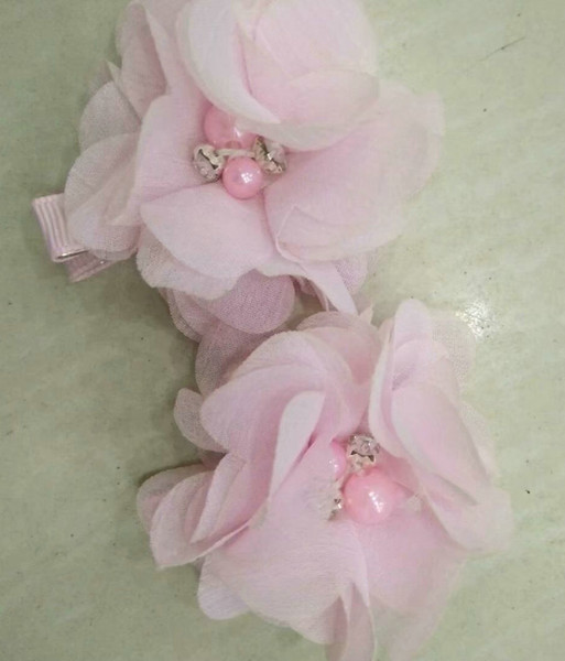 pretty PINK Chiffon Flowers With Pearl Rhinestone Center Artificial Flower Fabric Flowers Children Hair Accessories Baby clips Flower