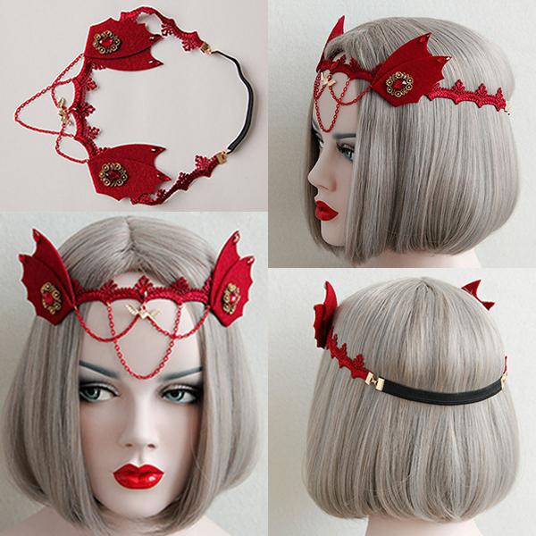 Halloween Masquerade Evil Queen Red Ear Vampire Hair Headband Ladies Head Wrap Crown Hairband Garland Wreath Cosplay