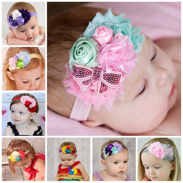 Designer Baby Headbands With Lace Flowers And Bows / Birthday Party Supplies / Girl Hair Accessories / Newborn Baby Photography Props