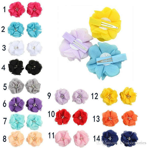 2018 14colors Chiffon Flowers With Pearl Rhinestone Center Artificial Flower Fabric Flowers Children Hair Jewelry Baby Headbands Flower