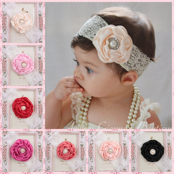 Infant Flower Pearl Headbands Girl Lace Headwear Kids Baby Photography Props NewBorn Bow Hair Accessories Baby Hair bands via DHL free