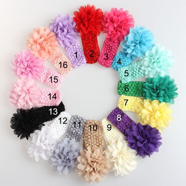 Baby Headwear Head Flower Hair Accessories 4 inch Chiffon Flower With Soft Elastic Crochet Headbands Stretchy Hair Band FA001