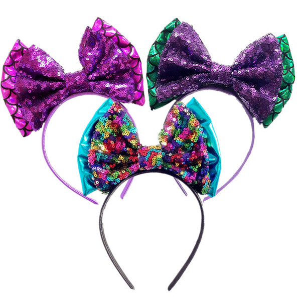 Sequin Bow Headband Mermaid Bowknot Hairband Children Bow Glitter Hair Band Kids Fashion Colorful Hair Ring Girls Hair Accessories CNY1037