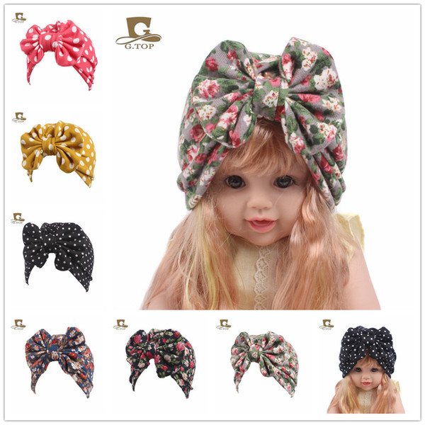 2018 Children Vintage Floral print Bowtie Stretch Turban girl Dot Headband Beanie Girls Bandana Hair Accessories