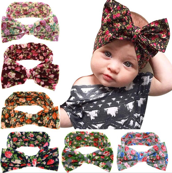 New European Fashion Baby Headbands Broken Flower Big Bow Rabbit Ears Cloths Kids Elastiic Head Accessories for Girls