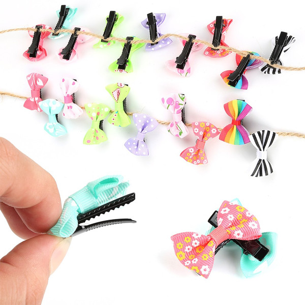 ELECOOL 10pcs Mini Bow Hairgrips Kids Sweet Girls Solid Dot/ Stripe Printing Hair Clips Kids Hairpins Hair Styling Tool