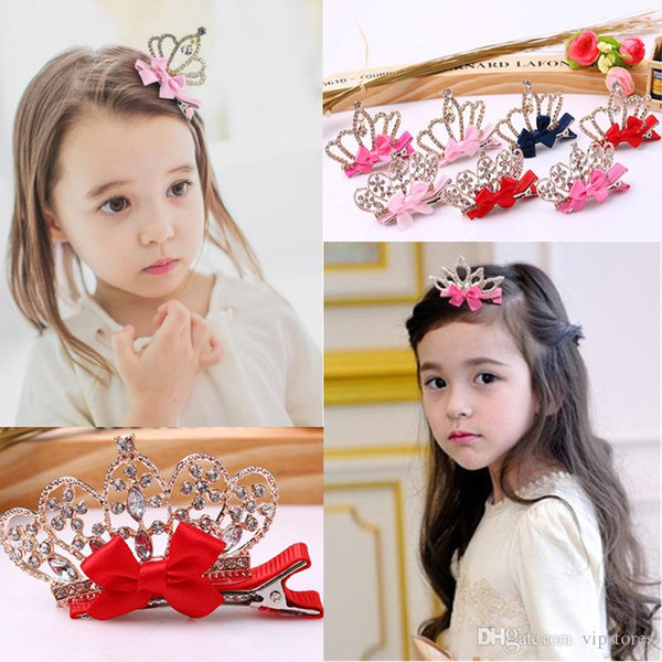 Korean princess flower crown hair clips diamond crown barrettes baby hair bows girls crystal bowknot crown hair clip pin accessories for kid