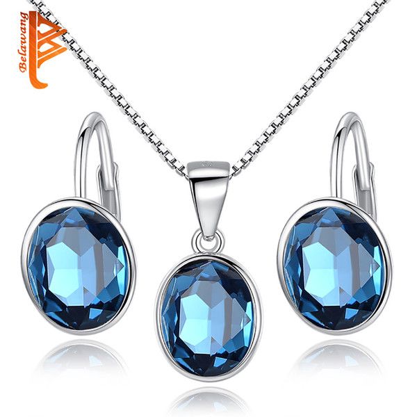 BELAWANG Wholesale 925 Sterling Silver Hoop Earrings&Pendant Necklaces Oval Claer Crystal Jewelry Sets for Women Wedding Bridal Jewelry Sets