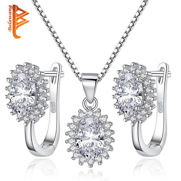 BELAWANG Wholesale Sliver Earrings&Necklaces Set 925 Sterling Silver Oval Sparkling Cubic Zirconia Women Elegant Wedding Bridal Jewelry Set