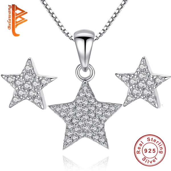 BELAWANG Wholesale 925 Sterling Silver Jewelry Set for Women Full of Clear CZ Crystal Wish Star Pendant Necklace&Star Earrings Wedding Gift