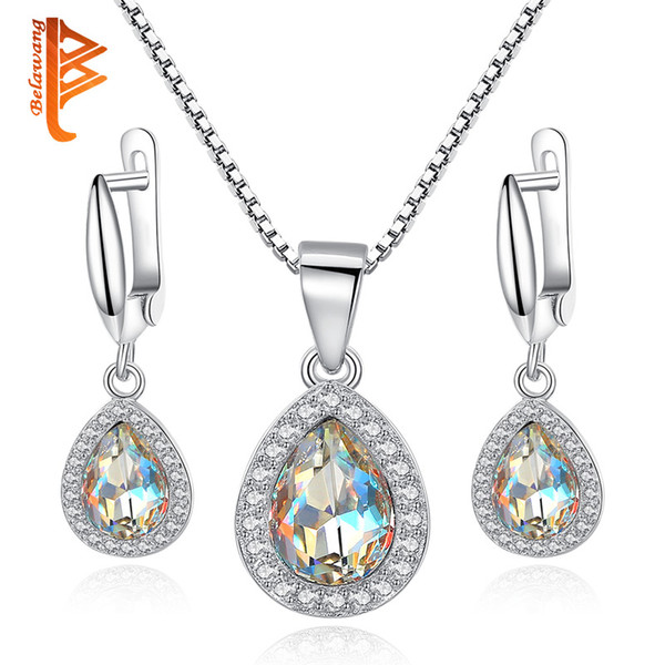 BELAWANG Vintage Women 925 Sterling Sliver Waterdrop Shape Jewelry Sets Cubic Zirconia Drop Earring&Pendant Necklace Wholesale Free Shapping