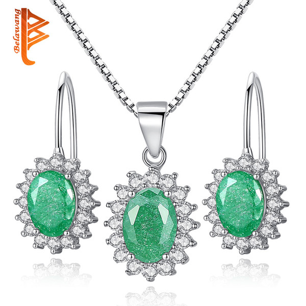 BELAWANG High Quality 925 Sterling Silver Wedding Jewelry Sets Oval Green Crystal For Women Pendant Necklace&Earrings Jewelry Free Shipping