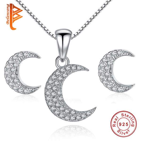 BELAWANG Women Wedding Bridal Jewelry Set Moon Design Austrian Crystal CZ Necklace&Earrings Sets For Brides 925 Sterling Silver Jewelry