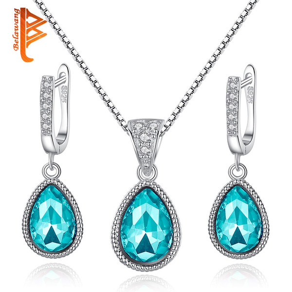 BELAWANG Vintage Wedding Bridal Jewelry Sets 925 Sterling Silver Angel Ocean Tear Design Blue&Purple Crystal Earrings/Pendant Necklace