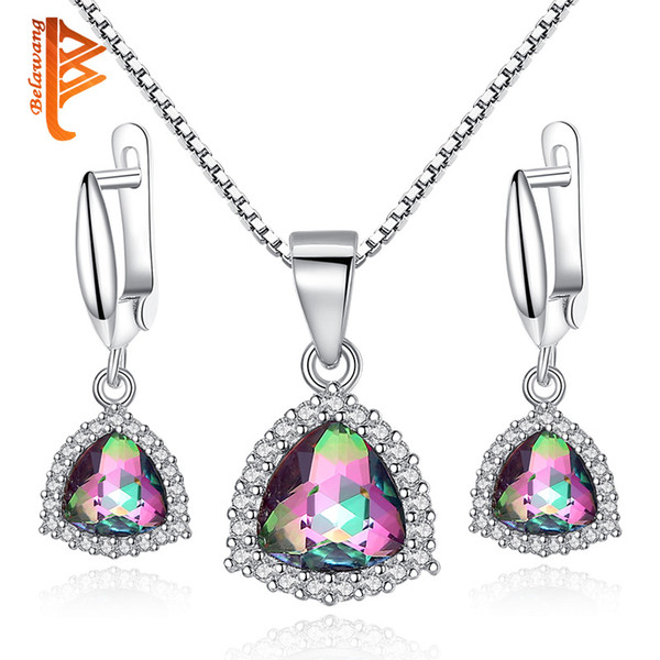 BELAWANG Huge Rainbow Fire Mystic Purple Crystal 925 Silver Jewelry Sets For Women Earrings/Necklace/Pendant With 45CM Adjustable Box Chain