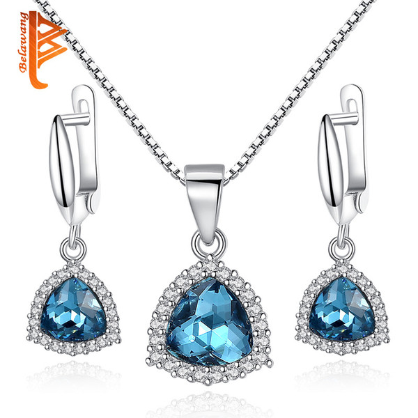 BELAWANG 925 Sterling Silver Cubic Zirconia Necklace&Earrings with Box Chain Blue Top Grade Crystal Jewelry Sets for Women Wholesale