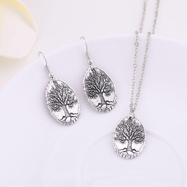 Newest Women Accessories Tree of Life Shape Zinc Alloy Necklace Earrings Jewelry Set For Wholesale