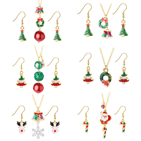 Creative Christmas Jewelry Set Cute Elk Bells Snowflake Drop Necklaces & Earrings For Girl Geometric Alloy Gold Plated Accessories Wholesale