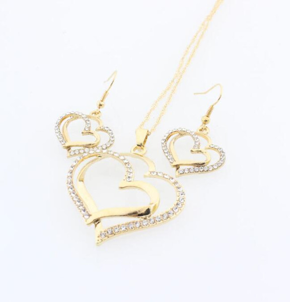 Crystal Heart Necklace Set Valentine Wedding Diamond Necklace Earring Set Fashion Luxury Crystal Charm Gold Plated Silver Jewelry