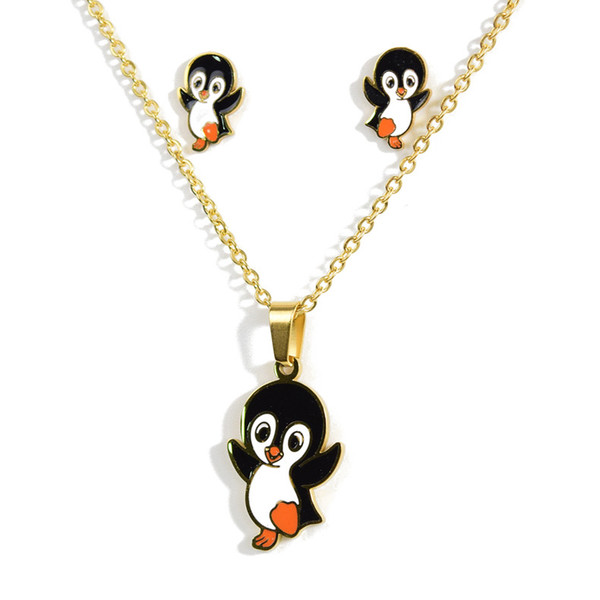 penguin pendant necklace earrings set suitable for ladies and children titanium steel Cartoon necklace jewelry