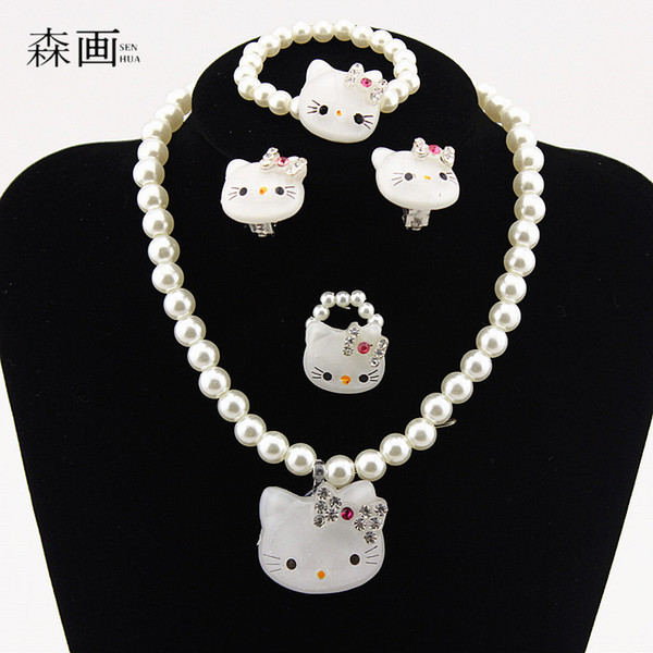 SENHUA Kids Baby Girls Princess necklaces Crystal KT Cat Necklace Bracelets Imitation Pearl Beads Jewelry Set Children Party Gift TZ40