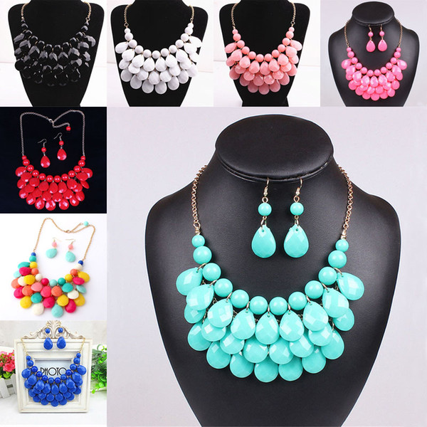 Drop necklace earrings Sets Multilevel Acrylic Bubble Bead Chokers Necklaces Gold statement Necklaces women jewelry Christmas gift 160038