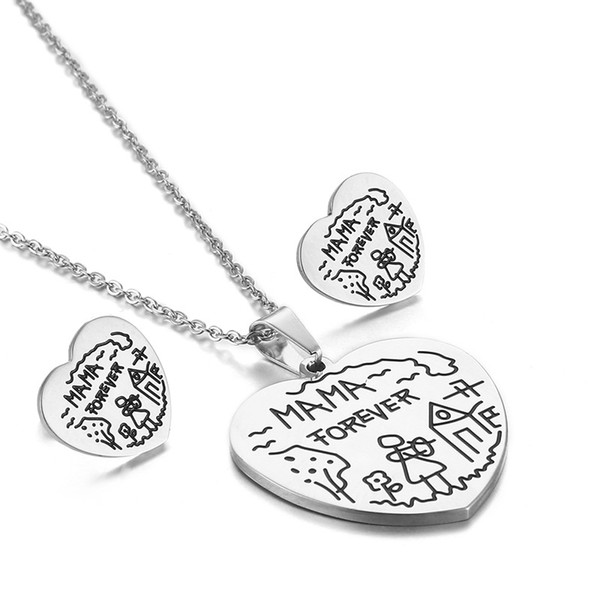 Heart Shaped engraved MAMA stainless steel jewelry set,high quality gold plated 316l women jewelry set for Mother's day gifts