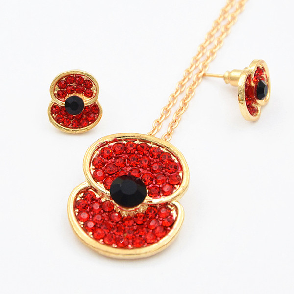 Stunning Crystals Red Poppy Necklace And Earrings Sets For UK Remembrance Day Gift Hot Selling