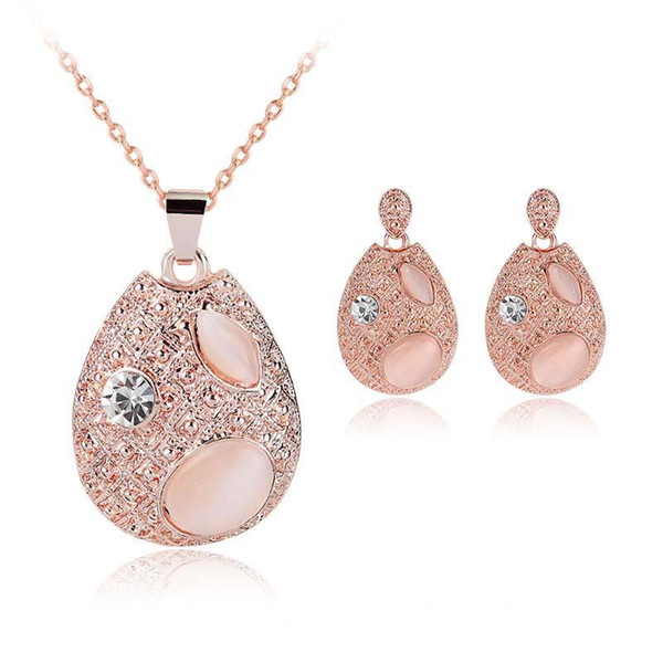 Fashion Austria Crystal Water drop Leaves Earrings necklace jewelry sets Classic design rose Gold plated wedding jewelry sets