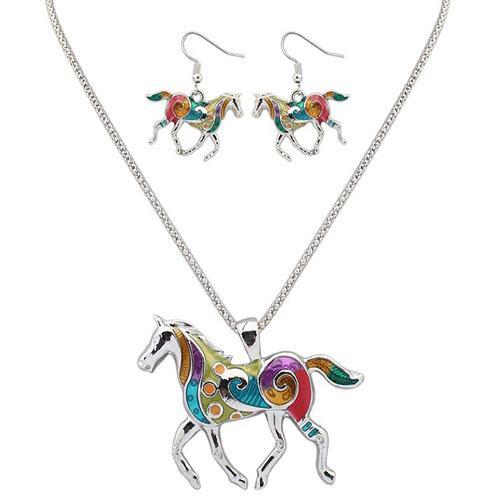 Animal Jewelry Sets for Women Hanging Jewelry Rainbow Horse With Oil Painting Pattern Pendant Necklace and Drop Earrings Jewelry Sets