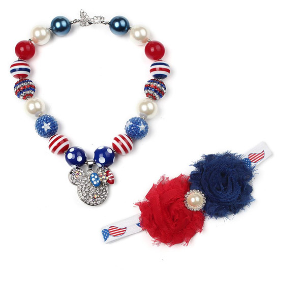 VCMART DAL15292 Children Girl's Necklace and Elastic Hair Band Headband Kit United States Flag Pattern Beads Red and Blue