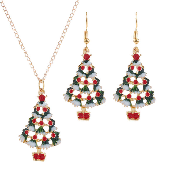 Fashion Women Jewelry Sets Dripping Oil Christmas Tree Garland Small Bell Snowman Christmas Stocking Necklace Earrings Suit Christmas Gift