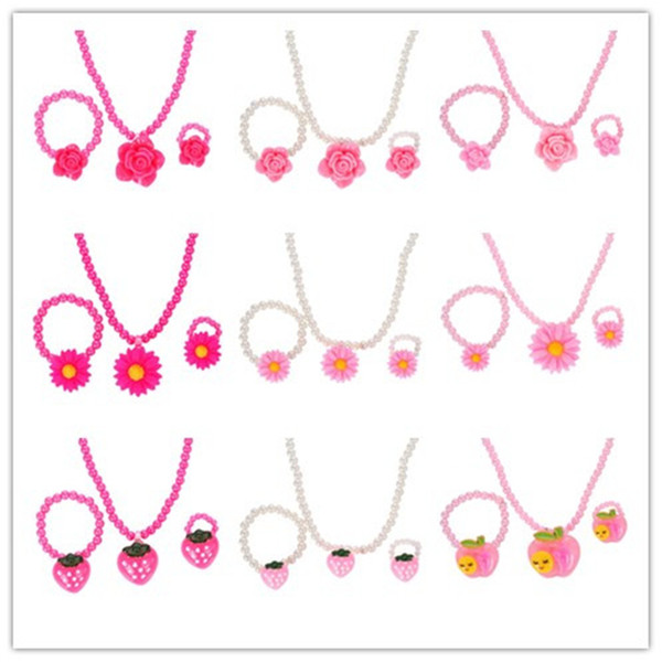 Fashion Simulated-Pearl Beads Kid Jewelry Sets Resin Flower Strawberry Apple Pendant Necklace Bracelet Ring Gift For Child