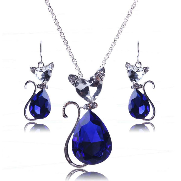 crystal cat jewelry sets cute kitty earrings necklace women princess style jewelry three colors blue red black free shipping