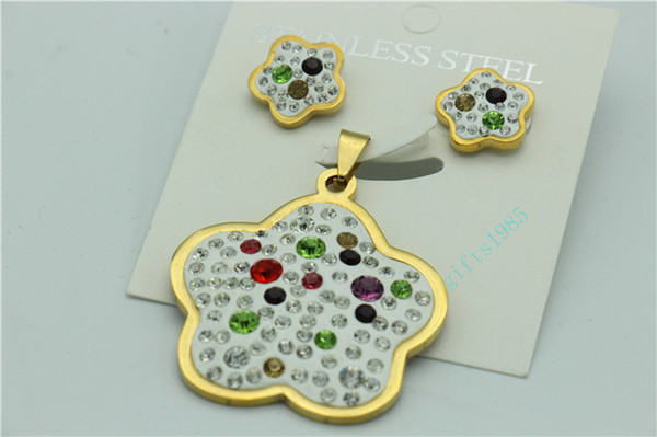 Flower pendant earrings set stainless steel ladies jewelry inlaid crystal