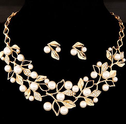 Silver gold Color Crystal Bridal Jewelry Sets Leaf Shape Choker Necklace Earrings Wedding Jewelry for Women Engagement pearl Accessories