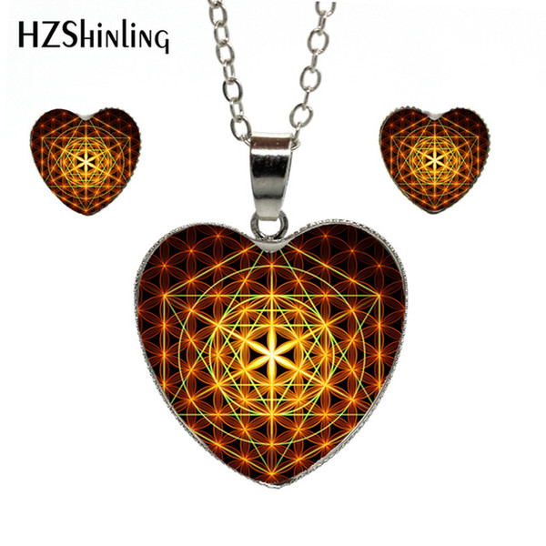 New Fashion Vintage Heart Necklace Earrings Magic Psychedelic Sacred Geometry Heart Jewelry Set Silver Chain Heart Jewelry