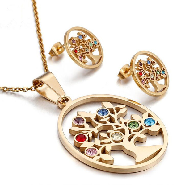 Stainless Steel Jewelry for Women Tree of Life Jewelry Set Earring Necklace Colorful Stones Free Shipping