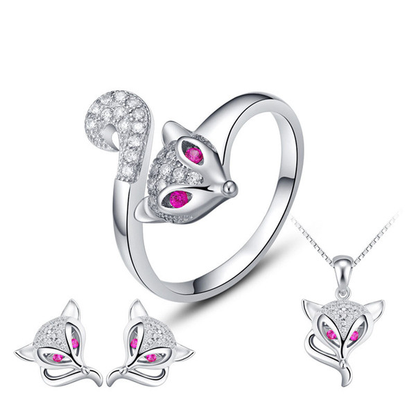 cubic zirconia fashion fashion sterling silver beautiful fox shaped pendant ring and stud earring jewelry set women white zircon jewelry